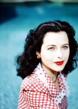 hollywoodlady:  Hedy Lamarr wearing a red gingham dress, 1945.  