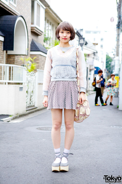 18-year-old Riri on the street in Harajuku w/ sheer top, Tsumori Chisato bag, Aquvii &amp; Tokyo Bop