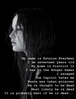 mrlemonysnicket:  My name is Katniss Everdeen. I am seventeen years old. My home is District 12. I was in the Hunger Games. I escaped. The Capitol hates me. Peeta was taken prisoner. He is thought to be dead. Most likely he is dead. It is probably best