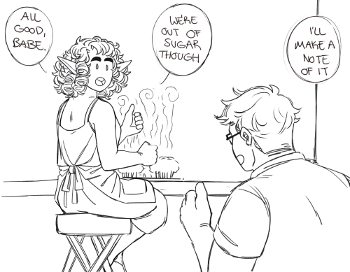 herbgerblin: [ID: Lineart comic of Lup and Barry. Lup is an elven woman with thick, curly hair, a sl