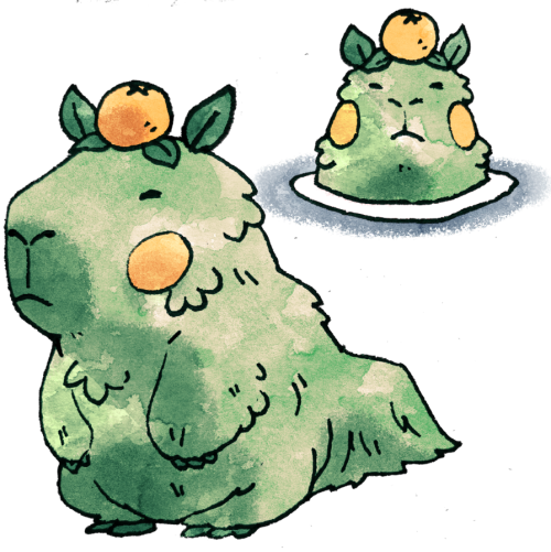 bynineb:capybushy. a quiet creature that sits in rivers as the fruit on its head slowly grows. every