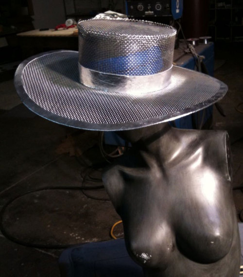 Metal Millinery - Stainless Steel Mesh Hat with Leather Trim by Sullivan Walsh, of Walsh Metalworks,