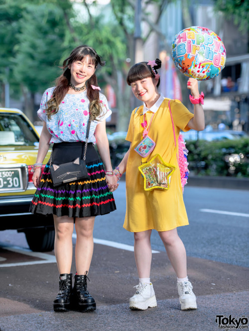 Mother-daughter duo Miwa and Miori wearing kawaii colorful Harajuku street styles with a handmade ba