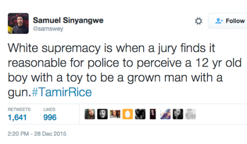 “White supremacy is when a jury finds it reasonable for police to perceive a 12 yr old boy with a to