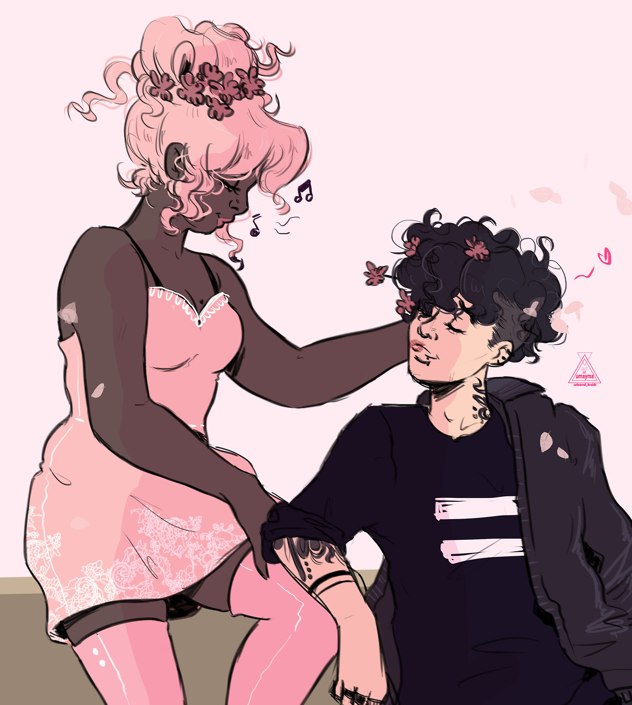watercolored-braids: =a goth butch and her girlfriend decorating her hair with flowers=