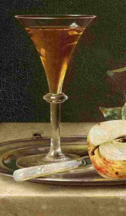 inividia:Fruit still life with champagne glass, knife and a half apple on a silver tray, Emilie Prey