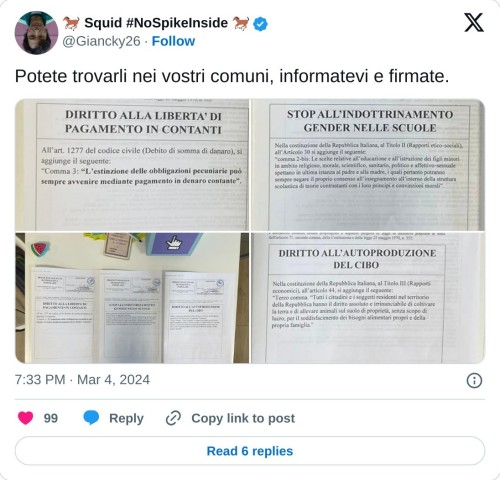 Potete trovarli nei vostri comuni, informatevi e firmate. pic.twitter.com/XkgYAPL0zK  — 🐎 Squid #NoSpikeInside 🐎 (@Giancky26) March 4, 2024