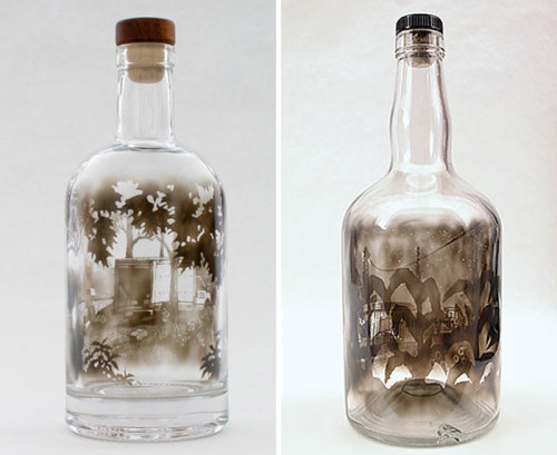 edens-blog:  beben-eleben:  Jim Dingilian proves that a creative and skillful artist can create works of art with just about anything. By coating the interior of empty glass bottles with black smoke and then carefully brushing it away with tools mounted