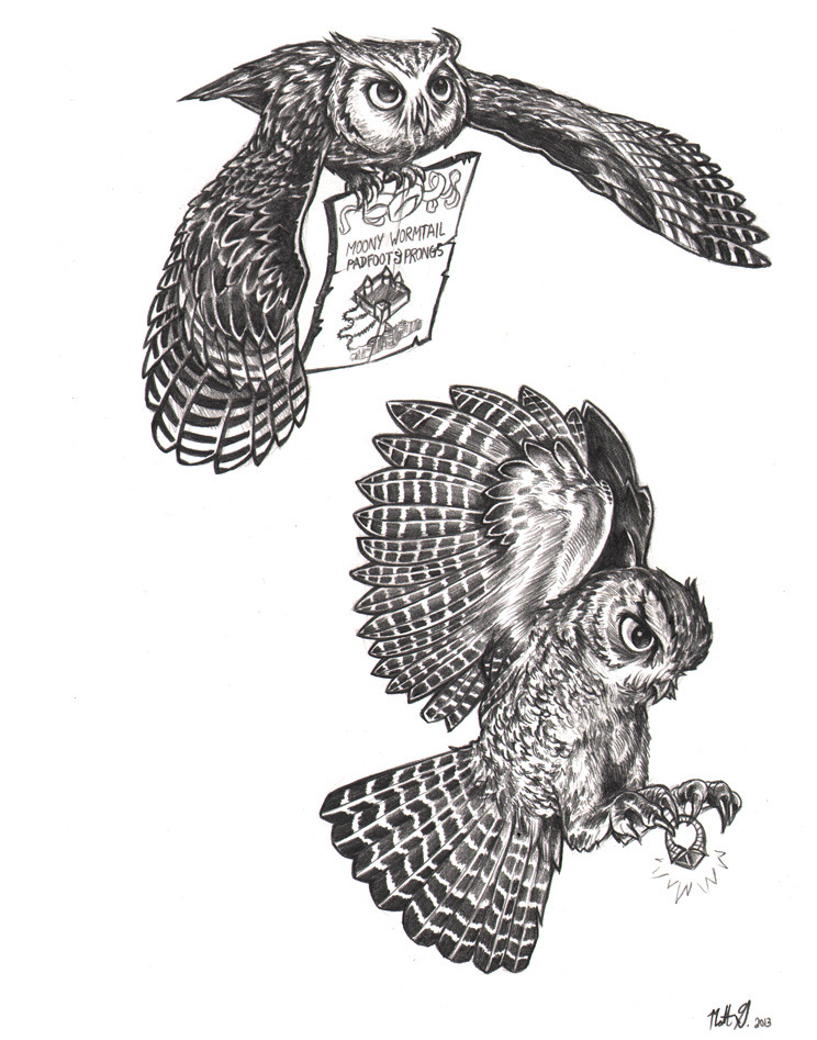 Harry Potters Hedwig owl tattoo on the left thigh