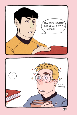 toastybumblebee:  404 heterosexuality not foundLemme tell you, captain spock and science officer kirk au is a good au