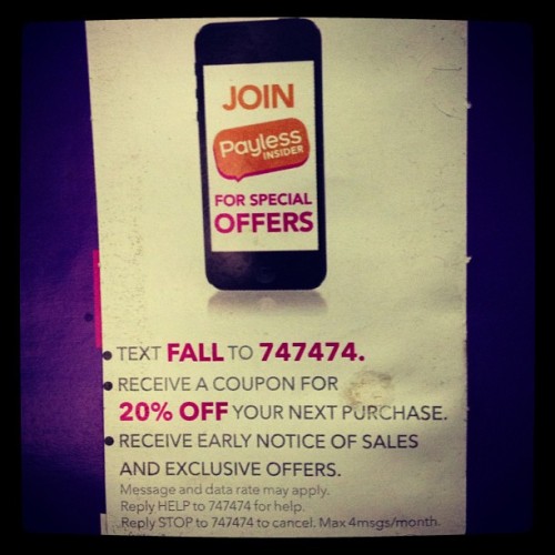 20% off coupon @ Payless #coupon #code #text #fall #747474