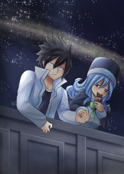 rainladyjuvia:  Fairy Tail Chapter 453 Reaction - GruviaWhen will you let go of my hand?Never.I literately had to walk away from doing this several times because I was too giddy to draw properly.The back sparkles is supposed to Mavis btw.