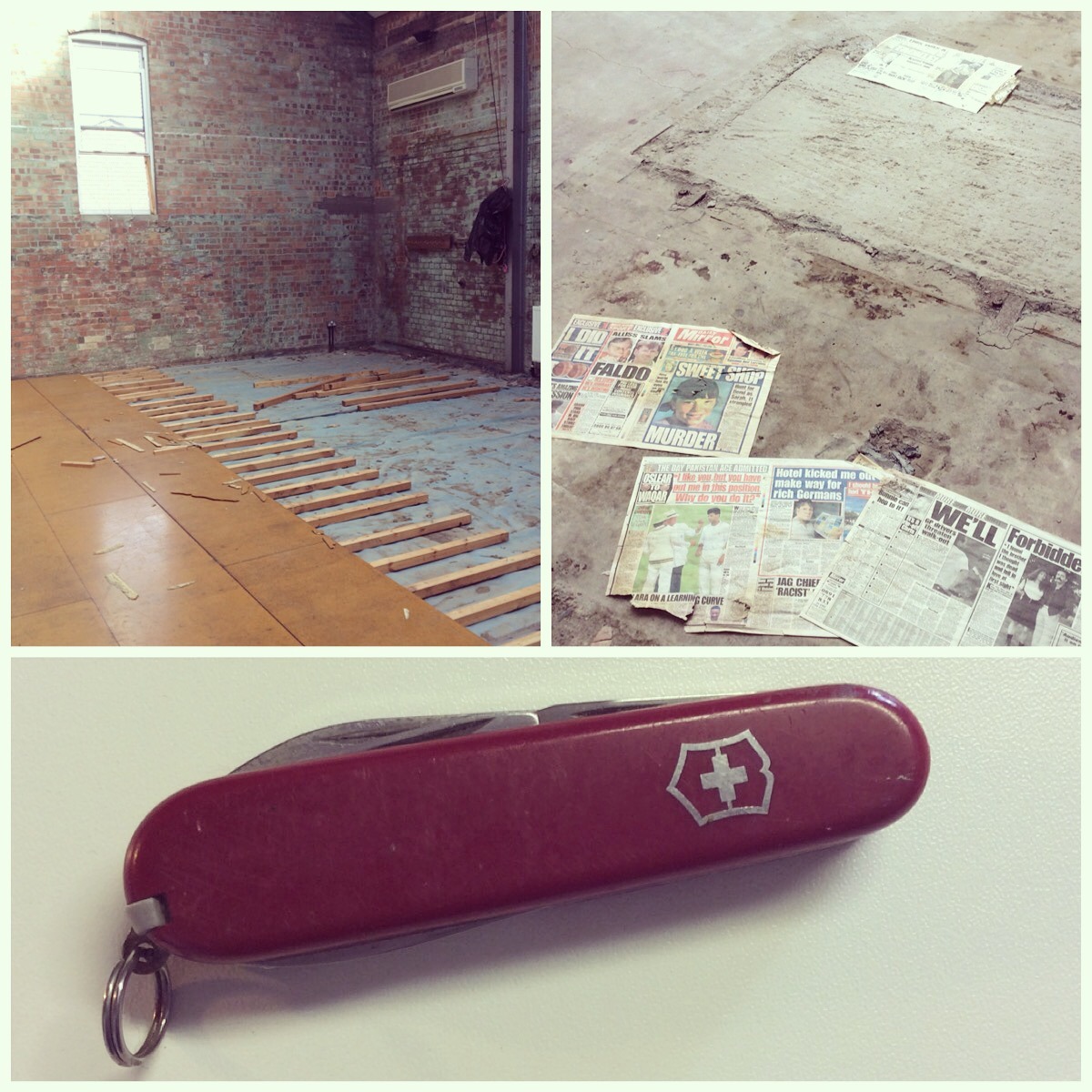 For the next 3-4 weeks we’re re-laying the floors of our Middle Studio and Generating Chamber.
Today, in the Middle Studio, we found vintage copies of the Daily Mirror and a penknife, lost by then-trapeze-teacher and rigger Matt Costain when the...