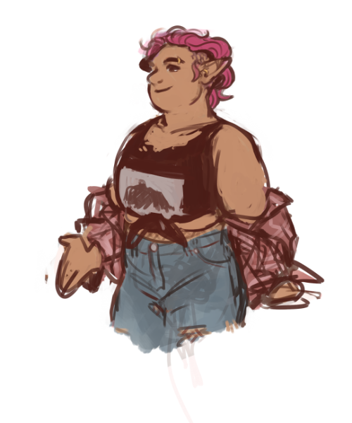 qrdrws: more thoughts on lup [image description: a drawing of Lup, a fat elf with brown skin and sho