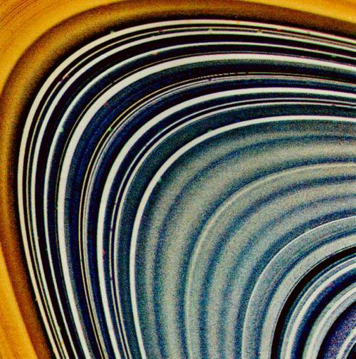 nobrashfestivity:Saturn’s Rings  Possible variations in chemical composition from one part of Saturn’s ring system to another are visible in Voyager 2 and other pictures as subtle color variations that can be recorded with special computer-processing