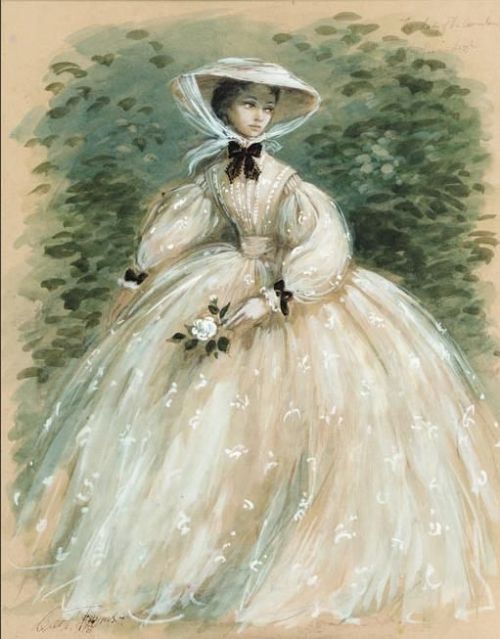 Costume sketch for Vivien Leigh as Marguerite Gauthier in Lady of the Camellias