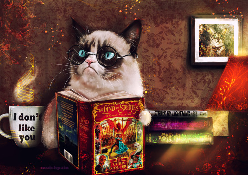 New painting of Grumpy Cat reading Chris Colfer&rsquo;s books. I like this one better.  also PLEASE 