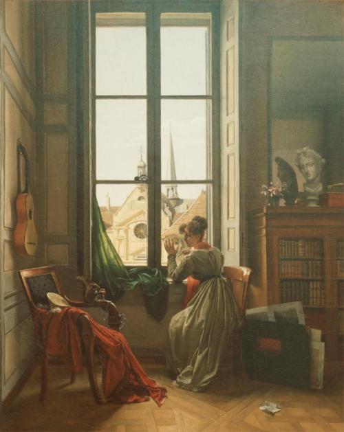 Louise Adéone Drölling (French; 1797–before 1831)Interior with Young Woman Tracing a Flower Oil on c