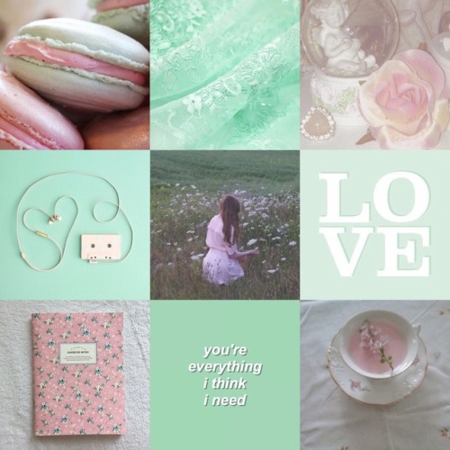 aesthetic for a kotori minami with pastel greens and themes of being in love! if you want anything c