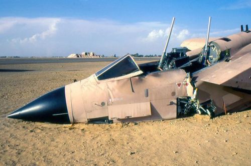 toocatsoriginals:  RAF Panavia Tornado GR1 ZA466’s Final Flight ZA466 struck a non-retracted emergency barrier at Tabuk airbase, Saudi Arabia on October 18, 1990, during the build-up for Desert Storm. The nose gear collapsed, and seeing smoke and flames