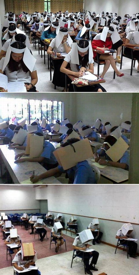 artemuscain-gamingandbs:  sixpenceee:  Anti-cheating hats  WEAR THE BOXES OF SHAME,