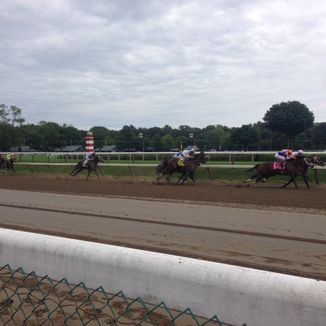 Top o the stretch. Race 7 at Saratoga. #4 horse bumped by the 5 and wins anyway. 2nd win of the day. Good for me. Don’t remember ever picking 2 winning horses on same day. #saratoga #racetrack #horseracing #win