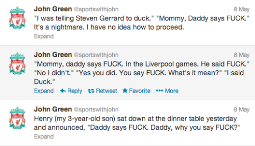 edwardspoonhands:andyoullneverwalkal0ne:John Green is an emotionally unstable Liverpool fan. I&rsquo