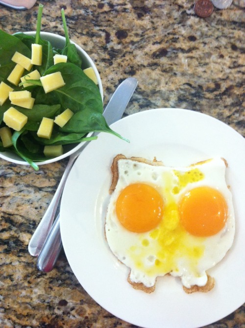 slim-and-svelte:  vketo:  Spinach and parmesan, two fried eggs with Hollandaise.  Too cute 