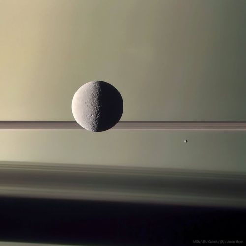 ralphbutler: Rings Shadows, and Rhea and Epimetheus, Moons of Saturn… Credit: NASA/Cassini mi