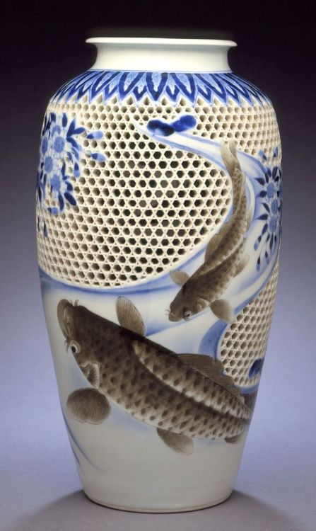  Vase with Open Work, Blossoming Cherry, Carp, and Stream. Japan, early 20th century. Hirado Mikawac
