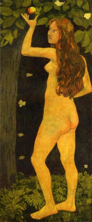 artist-serusier: Eve Picking the Apple, 1906, Paul SerusierSize: 82.23x34.61 cmMedium: oil on canvas