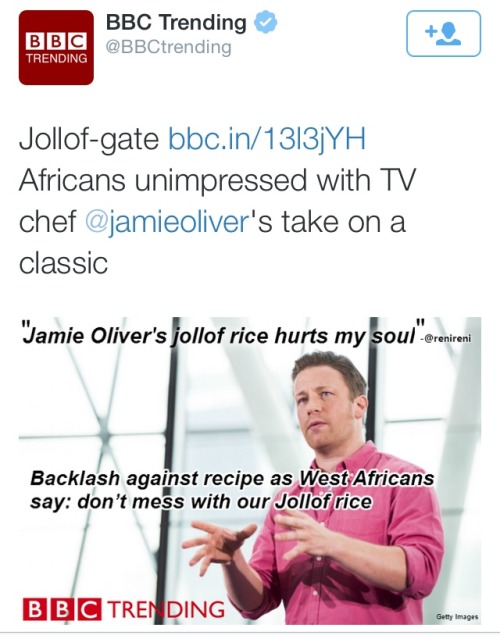 akuavaughan:atane:&ldquo;Jamie Oliver’s jollof rice hurts my soul&rdquo;I’m hurt too. This is a crim