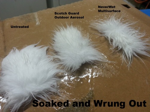 I was re-waterproofing my jacket when I get an idea. I grabbed some fur swatches I had laying around, applied the two different hydrophobic coatings that I was using, and tested the results. I did have to part the fur and brush the coatings in with an