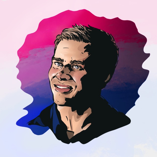 A comic style portrait drawing of 911\'s Evan Buckley. Behind him, the colours of the Bisexual Pride flag are visible.