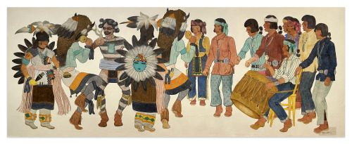 Buffalo Dance / Charles Loloma / ca. 1940 / Tempera on muslin.This near life-sized mural was created