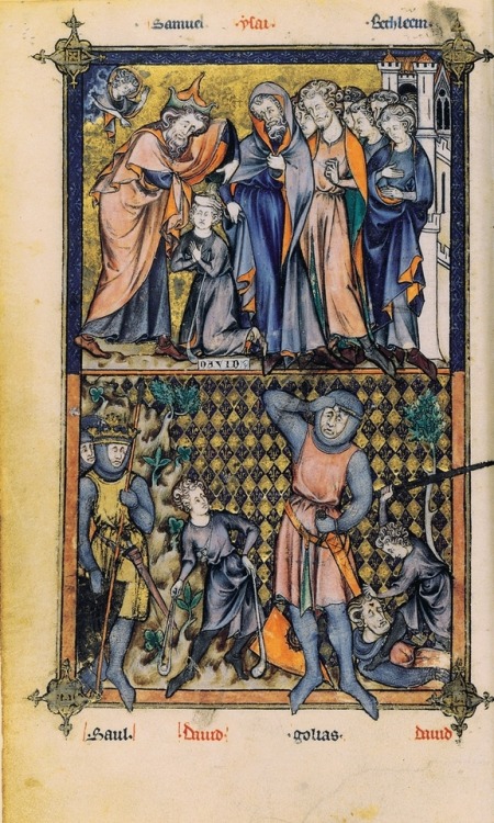 David Anointed by Samuel and The Battle of David and Goliath (folio 7 verso from the Breviary of Phi