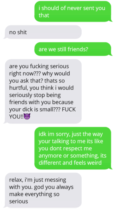 femdomenergy:Leaked friendzone chat: Jessica gets a dick pic from her small dicked friend.
