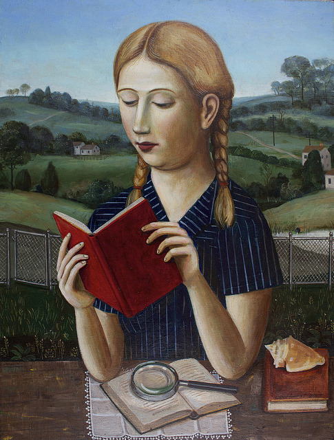 abookblog:  girl with red book &amp; magnifyinglass by {studiobeerhorst}-bbmarie on Flickr.