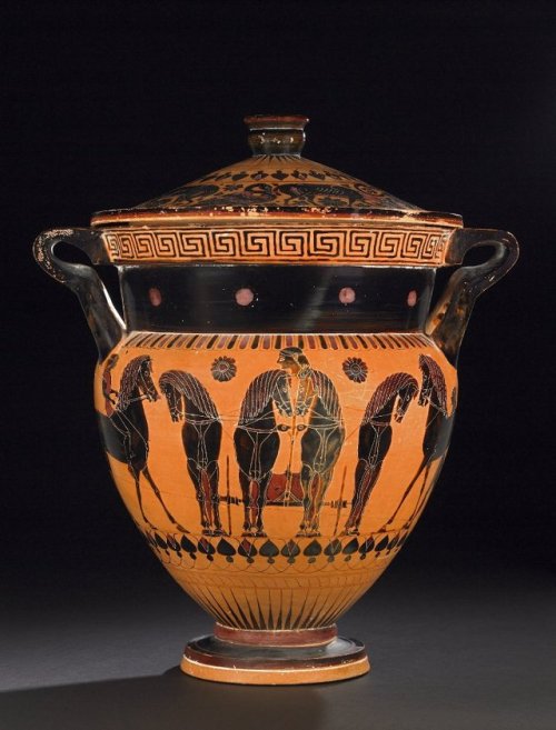 Black-figure column-krater depicting a charioteer in a quadriga and two youths on horseback (top) an