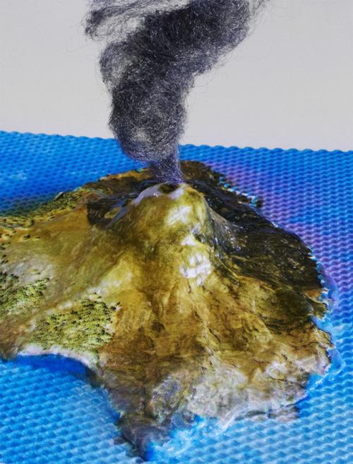 I screen-printed a volcano and made a model out of plastic and steel wool.