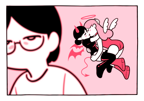 bonus panel from last year's pride comic. eunnie sits in the foreground, slightly out of focus. her face is partially out of frame, but her expression looks like she's dead inside. her shoulder angel and shoulder devil can be seen behind her, passionately making out.