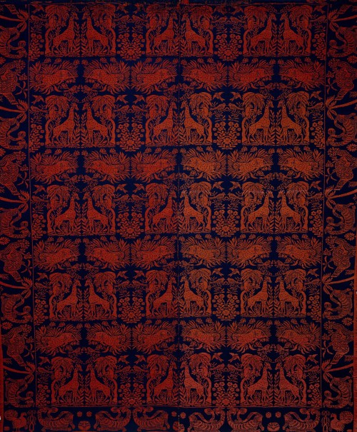 Coverlet showing a menagerie of animals, Ohio, circa 1840sWoven wool85 x 73 in. (215.9 x 185.4 cm)Th