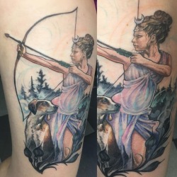 Can’t wait to finish her, #huntress #cuntress #greekmythology #romanmythology #tattoo #pinuptattoo #workinprogress #dogtattoo #bowandarrow #arrowtattoo  (at Broad Street Tattoo Parlour)