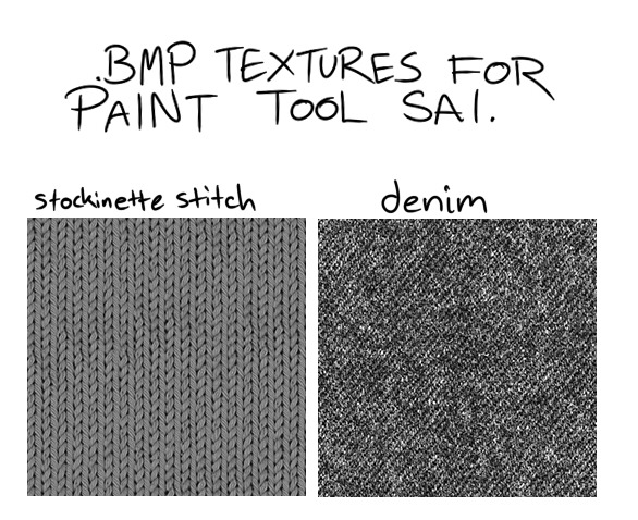 twapa: “ I made some textures for use in Paint Tool Sai (you could use them in Photoshop etc as well). Enjoy! DOWNLOAD LINKS: Stockinette Stitch -> https://www.dropbox.com/s/bocub06p1p6r05n/stockinettepattern.bmp?dl=0 Denim ->...