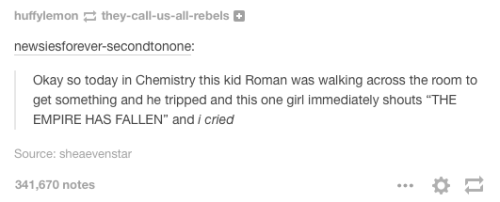 somethingwickedthiswaylives:  abyssalcorvid:  huffylemon:  Greek Mythology/Roman Empire on tumblr  I couldn’t read that last one and not see this face “toO LaTE!”  Oh my god. I love this. 