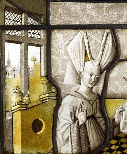 Stained glass of two chess players, provenance de l'hôtel de la Bessée à Villefranche-sur-Saône, c. 