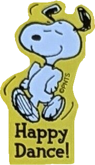 sticker of snoopy from peanuts. he is dancing with his eyes closed and his ears up. the sticker has a yellow trim and reads 'happy dance!'