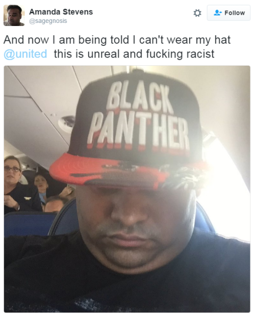 thingstolovefor:United Airlines Kicks Passenger Off Plane Because of Black Panther baseball cap &