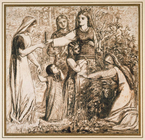 dante’s vision of matilda gathering flowers by dante gabriel rossetti, circa 1855.