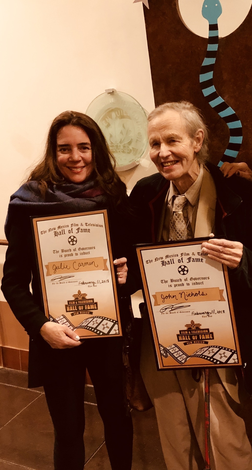 Legendary Taos writer, John Nichols and Milagro Beanfield War actress, Julie Carmen were inducted into the New Mexico Film and Television Hall of Fame by #IATSE480 #SantaFeFilmFestival 2018, along with Milagro producer, Moctesuma Esparza.